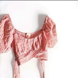 Altar'd State Gingham Puff Sleeve Crop Top - Soft Pink